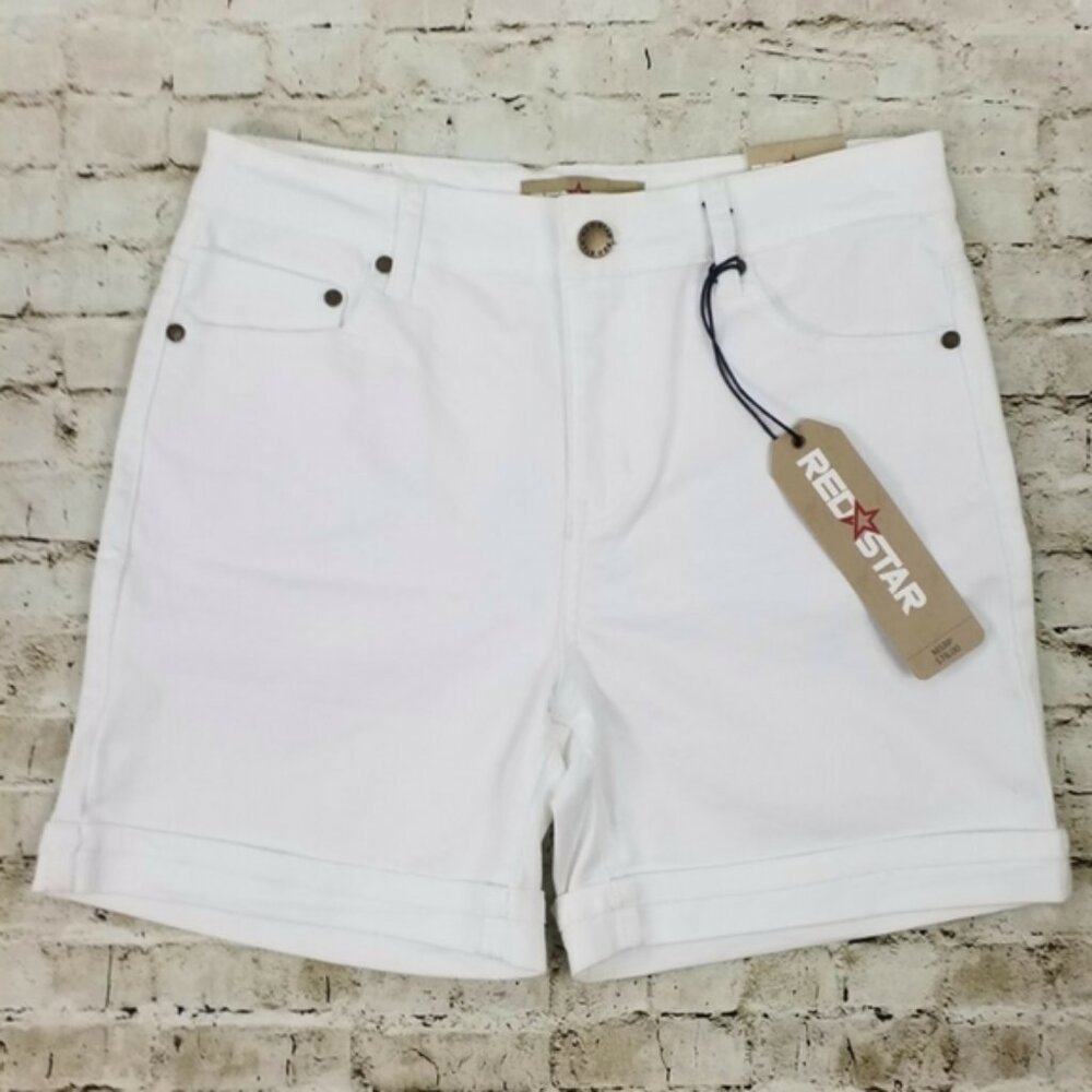 Red Star Girlfriend Fit White Flat Front Cuffed Denim Shorts Womens 4/27 NWT